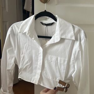 Zara Cropped White Button-Down Shirt with Buckle Accents